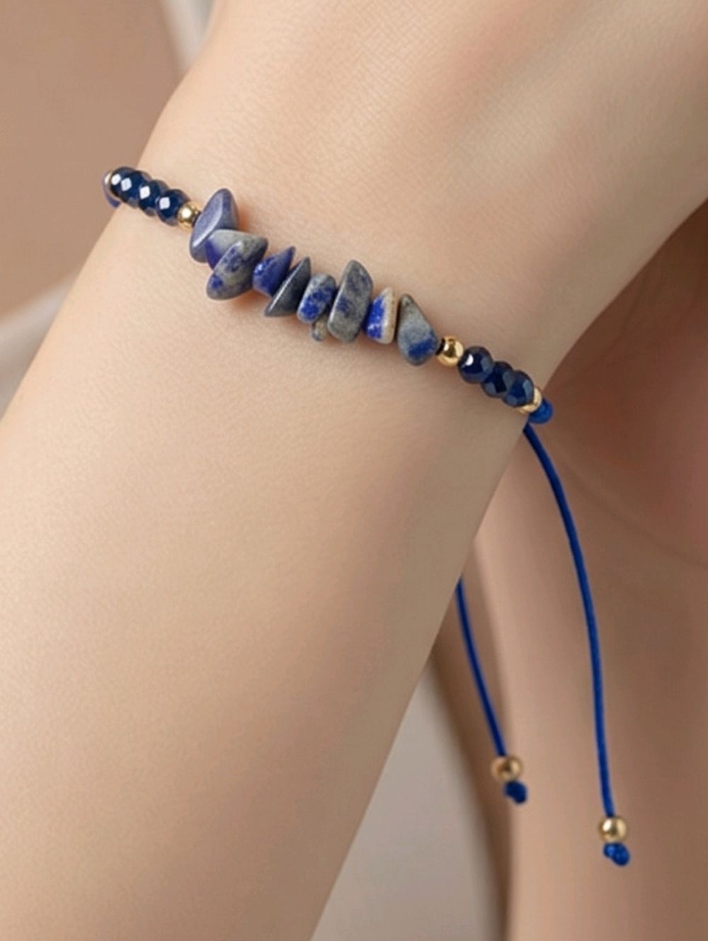 Lapis Lazuli Chip Bracelet Adjustable Blue Stone Gold Accent Beaded Bracelet